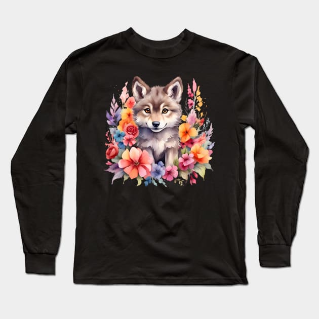 A baby wolf decorated with beautiful watercolor flowers Long Sleeve T-Shirt by CreativeSparkzz